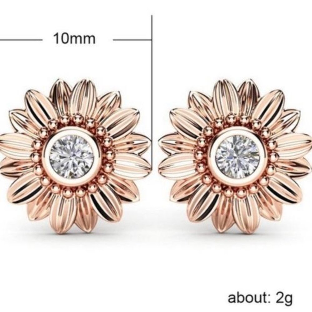 STERLING SILVER DIAMOND SUNFLOWER STUD EARRINGS, nice Earrings, cute Earrings - Picture 4 of 4